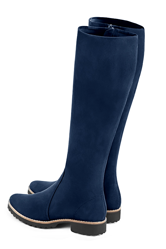 Navy blue women's riding knee-high boots. Round toe. Flat rubber soles. Made to measure. Top view - Florence KOOIJMAN
